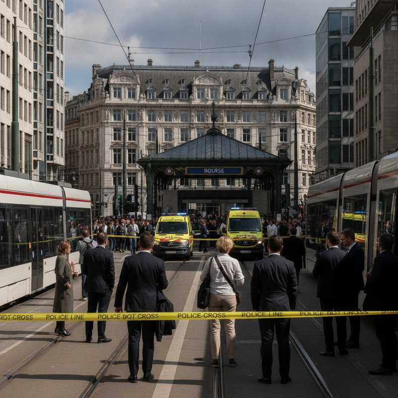 Politieafzetting bij ingang metrostation Beurs in Brussel met hulpdiensten en wachtende reizigers